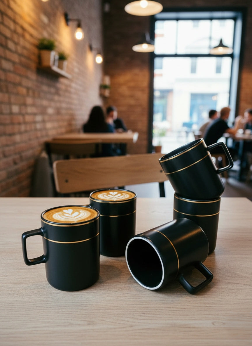 Set of 6 black mugs with gold accents, each with 425 mL capacity.