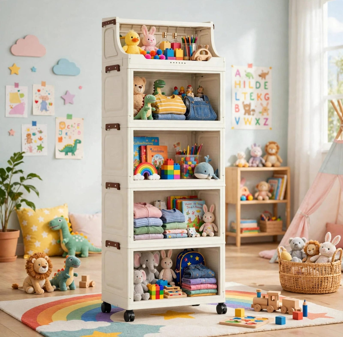 5-Tier Foldable Storage Cabinet with Magnetic Doors and Wheels 128cm