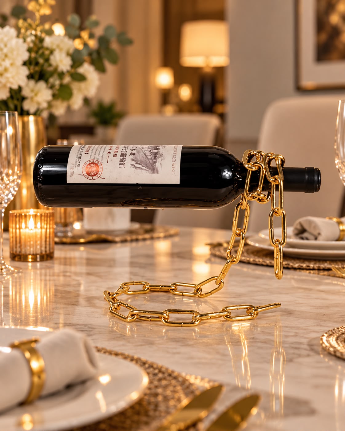 Gold Chain Wine Bottle Holder – Floating Bottle Design