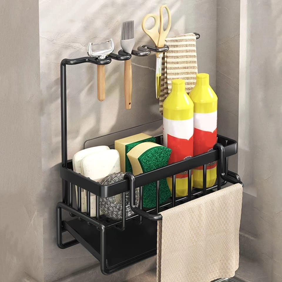 Carbon steel multifunctional sink storage caddy with drainage tray and towel hanging rod