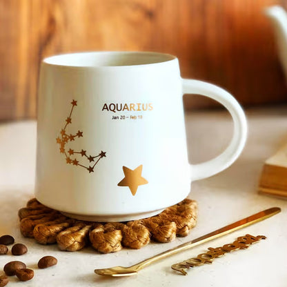 White Ceramic Gold Constellation Mug Set with Lid and Spoon