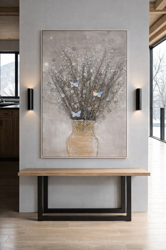 Large handcrafted vase floral wall artwork with metallic accents measuring 102 by 142 cm