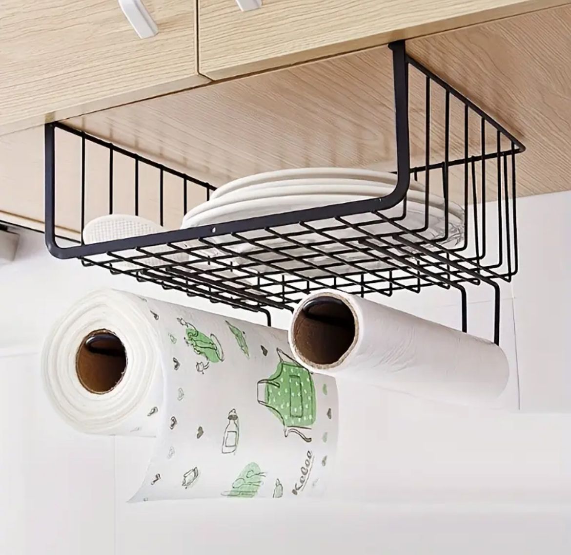 Black metallic under shelf rack for cabinet and shelf storage organization