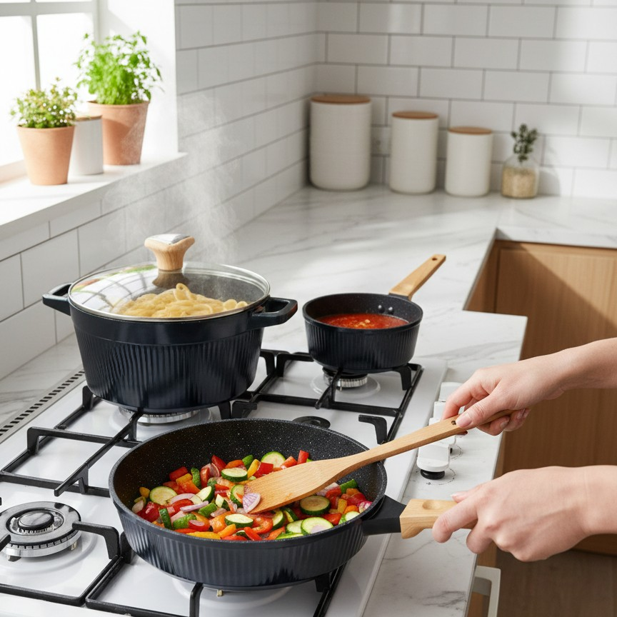 11-piece granite cookware set including sufurias, lids, pan, and heat-resistant mittens.