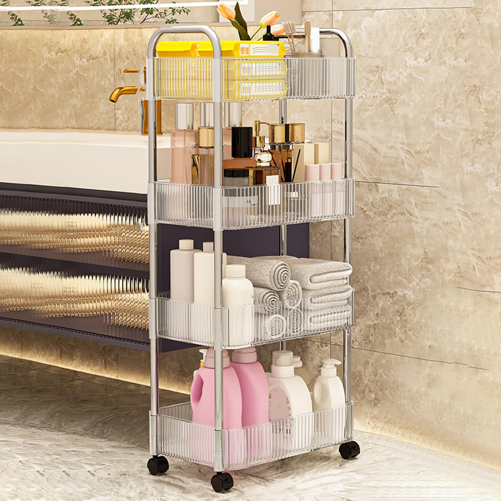 4 tier transparent acrylic trolley rack with lockable wheels mobile storage organiser for bathroom salon kitchen living room books drinks food and household essentials 21x33x91cm.