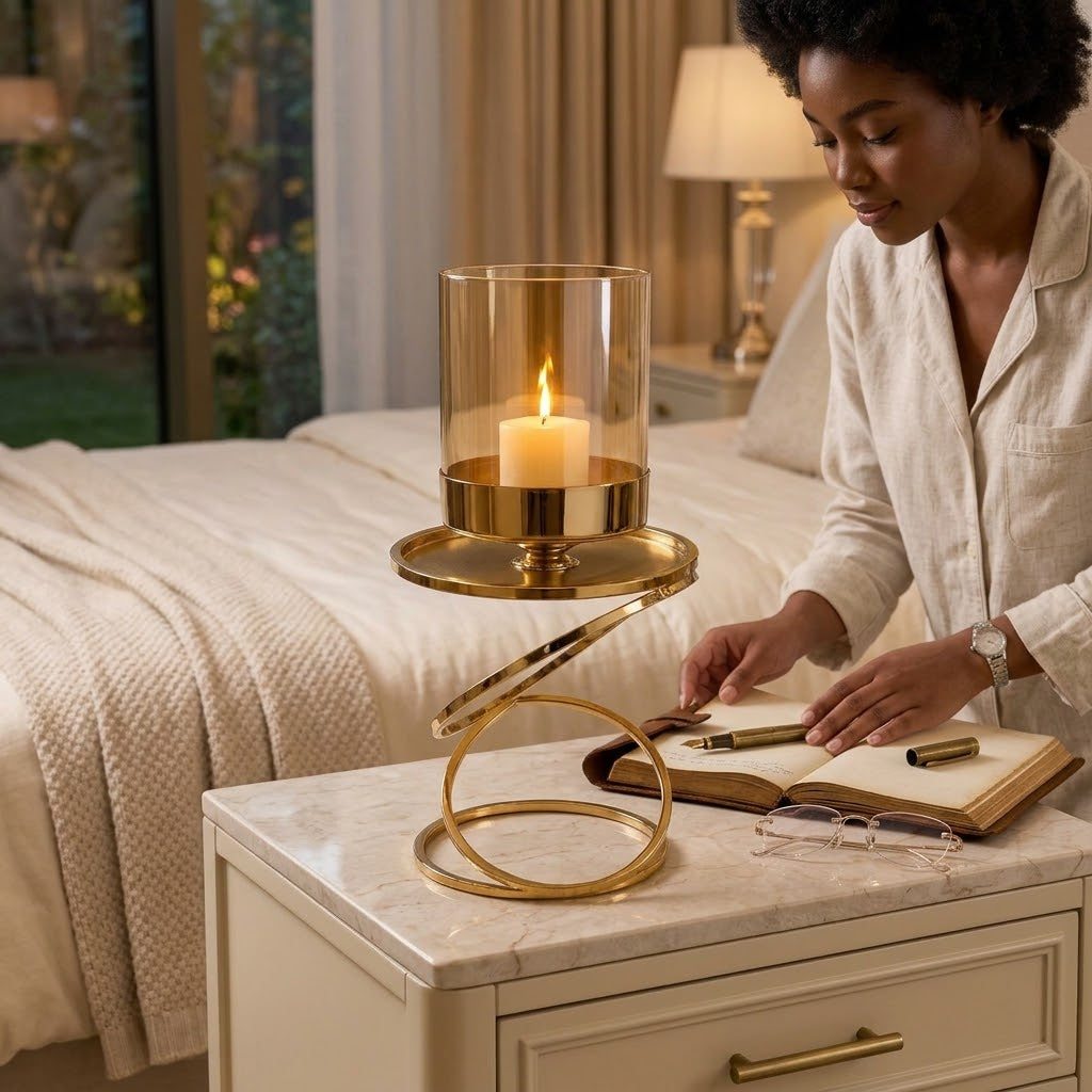 Gold Candle Holder with Clear Glass Hurricane Shade and Circular Base