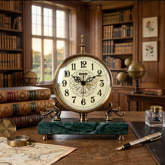 European antique table clock with elegant marble base for luxury home and office décor