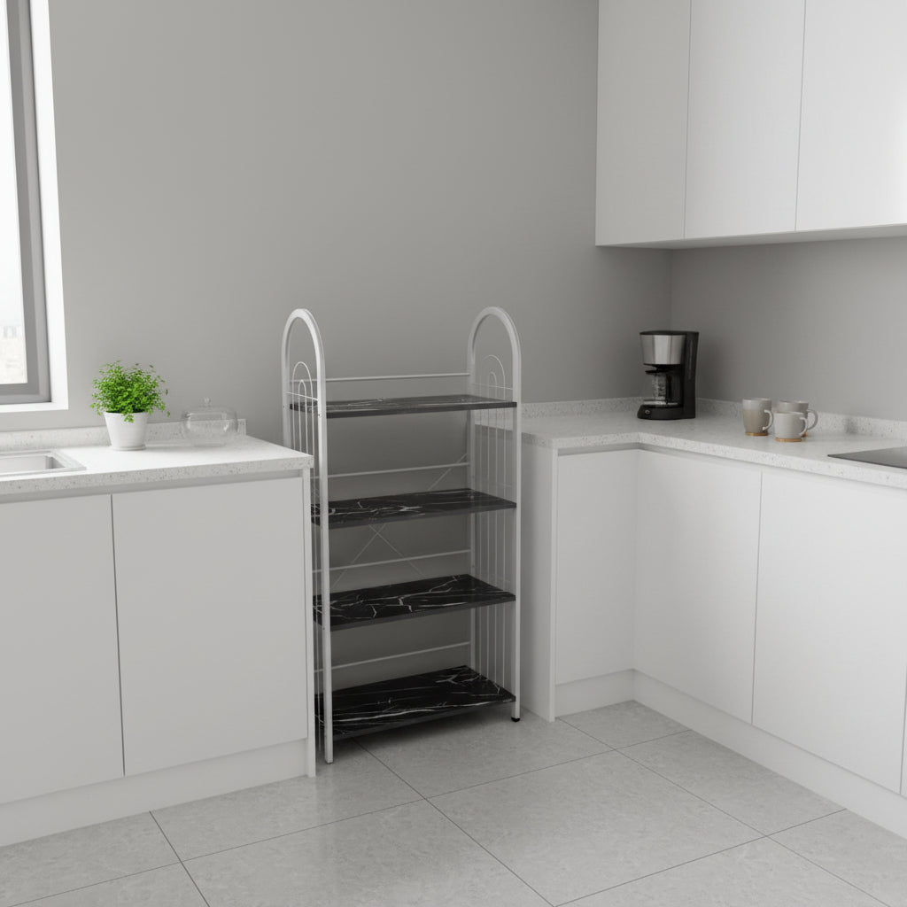 JN 104 four-tier metal storage rack with arched frame and laminate shelves available in multiple color options
