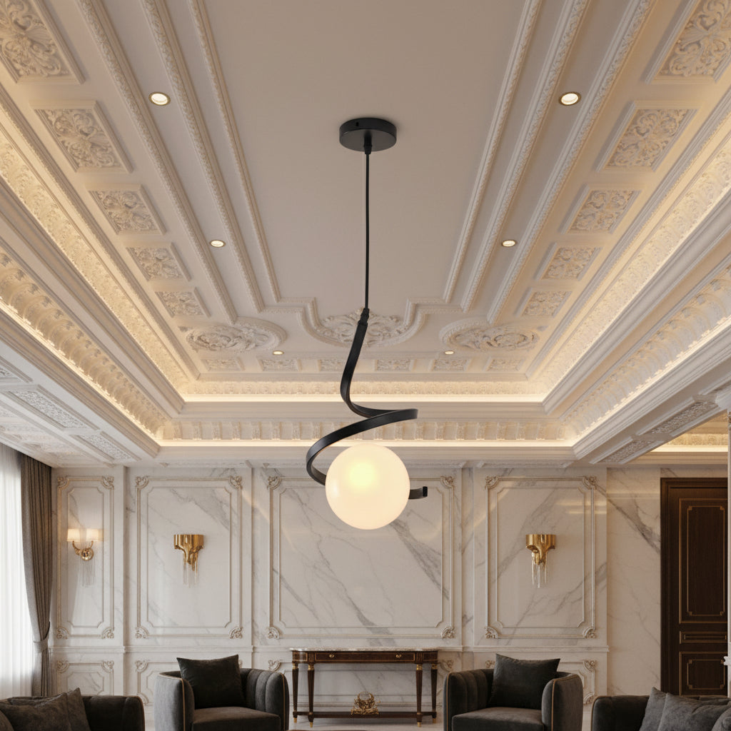 Black and white linear pendant light with iron and glass design for modern indoor lighting