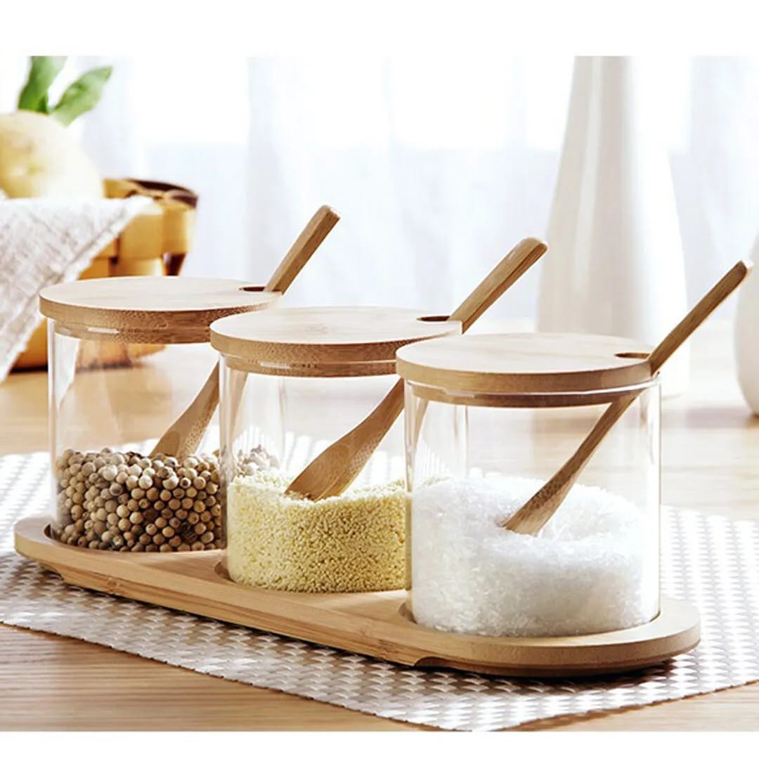 3-in-1 Glass sugar set with bamboo lids, spoons, and stand