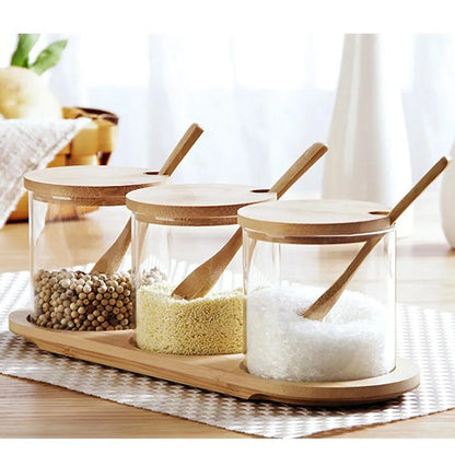 3-in-1 Glass sugar set with bamboo lids, spoons, and stand