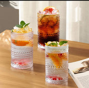 Set of 6 premium clear embossed glasses, 400 ml capacity, stylish drinkware for home or events. 