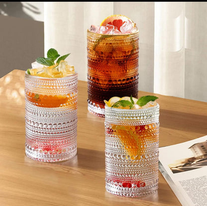 Set of 6 premium clear embossed glasses, 400 ml capacity, stylish drinkware for home or events. 