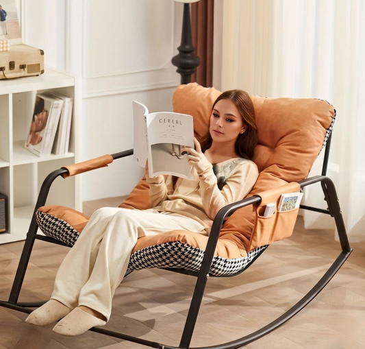 Orange tufted cushion rocking chair designed for comfort and stylish seating in balconies, patios, and living rooms