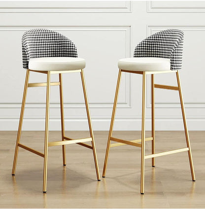 Set of two faux PU leather bar stools with backrest and footrest, seat height 65 cm.