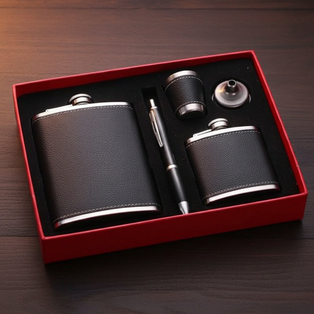 Black leather whiskey flask gift set with two flasks, glass, funnel, and pen for stylish gifting.