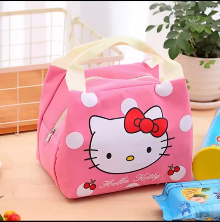 Cartoon themed insulated lunch bag for kids featuring Stitch and Hello Kitty designs