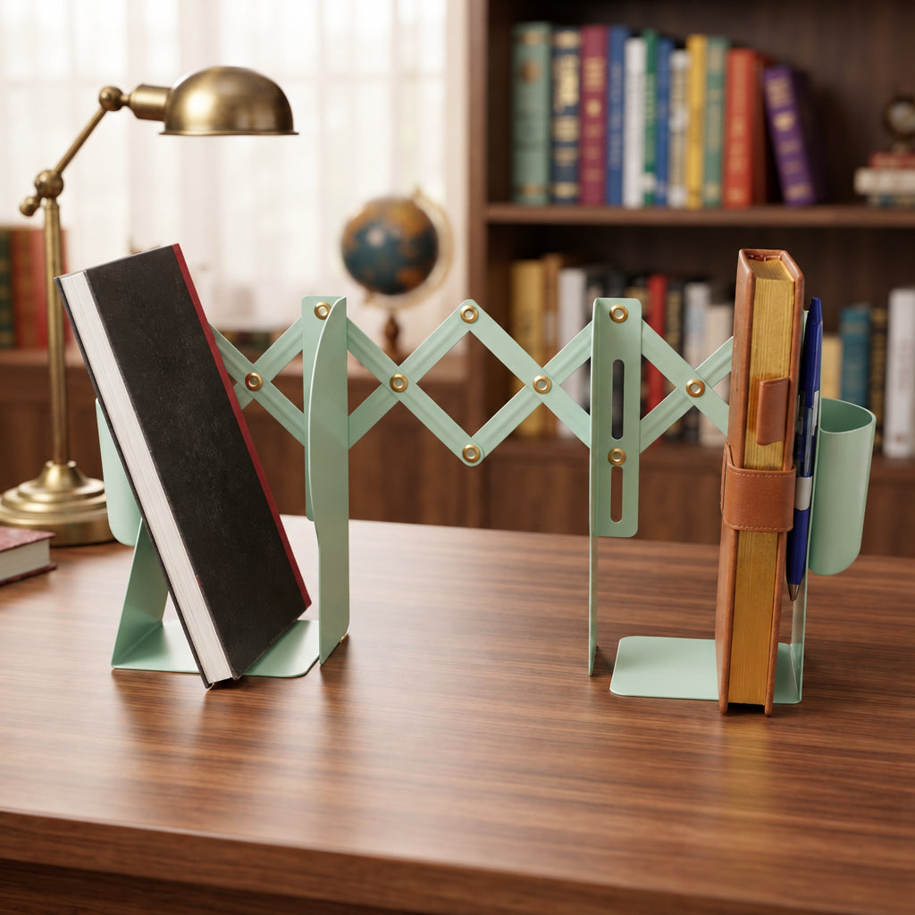 Expandable Metallic Bookshelf with Pen Holder for Organising Books and Stationery