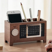 Dark brown maple wood pen holder with built-in perpetual calendar, multifunctional desk organizer for office or study table