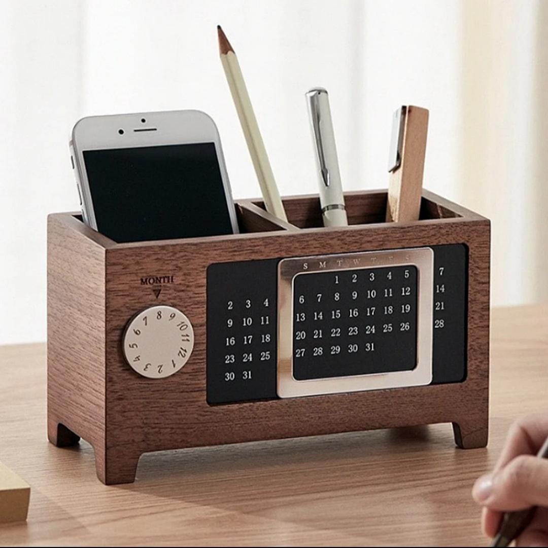 Dark brown maple wood pen holder with built-in perpetual calendar, multifunctional desk organizer for office or study table
