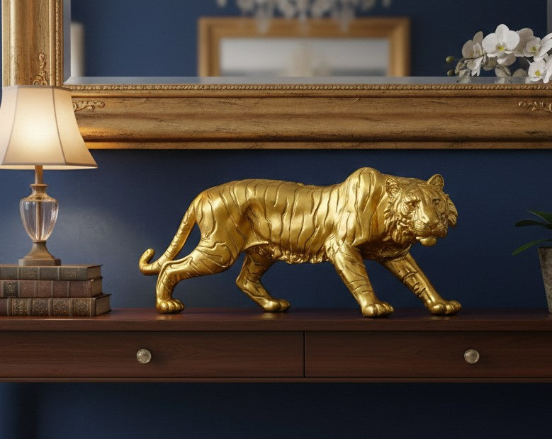 Gold resin tiger statue with detailed sculptural finish