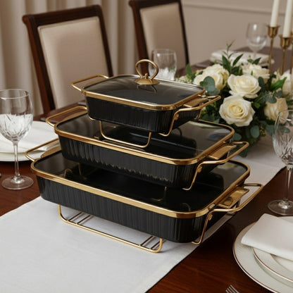Black ceramic chafing dish set with gold ring design