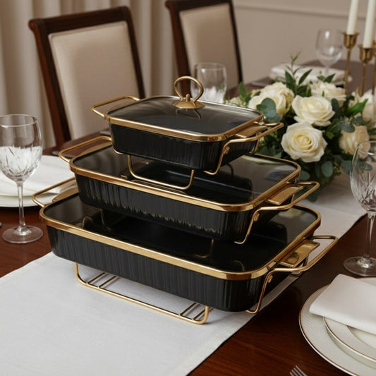 Black ceramic chafing dish set with gold ring design