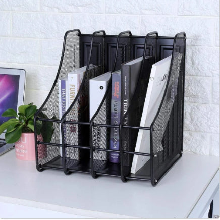Metallic mesh desk organiser multi compartment office stationery holder for pens pencils scissors notepads and desktop organisation.