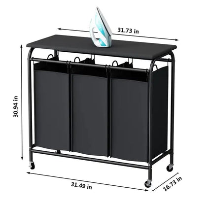 3 Compartment Laundry Basket with Lockable Wheels & Ironing Board