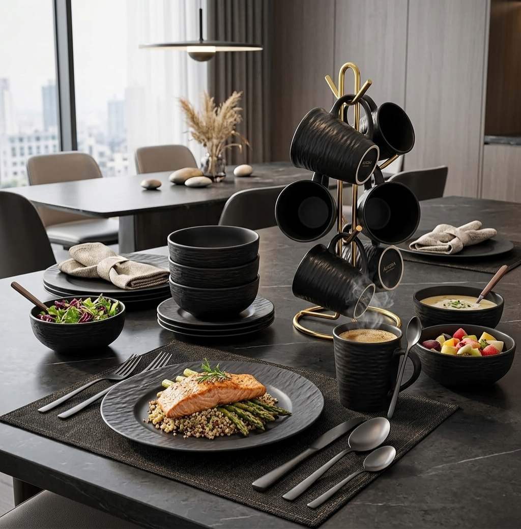16 Piece Black Dinner Set