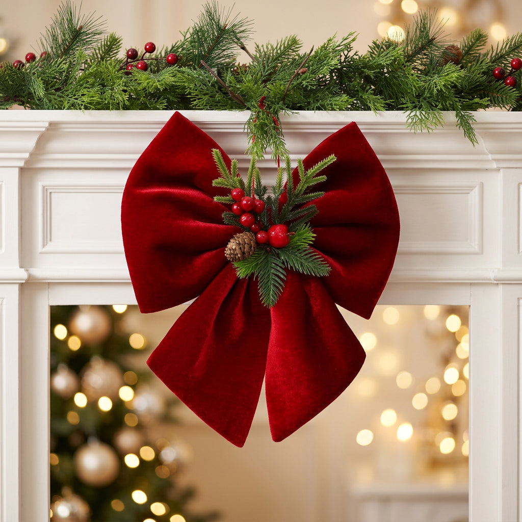 Wine Red Velvet Christmas Bow Ornament with Pine Needle and Red Berry Accents for Festive Tree and Hanging Decorations available in Nairobi, Kenya