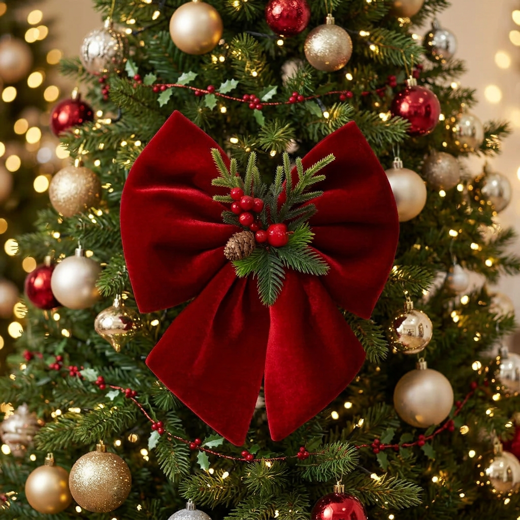 Wine Red Velvet Christmas Bow Ornament with Pine Needle and Red Berry Accents