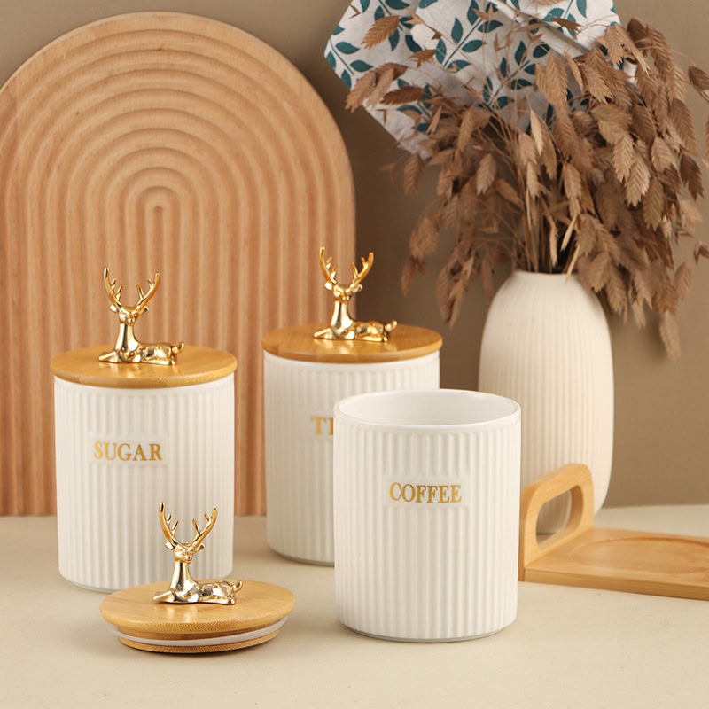 3 Piece Ribbed Ceramic Tea, Coffee & Sugar Canister Set