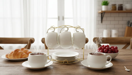 Porcelain cup and saucer set of six with elegant gold rim and 190 ml capacity.