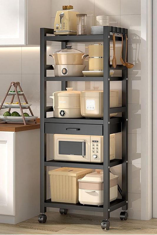 5 tier metallic kitchen rack with drawer and lockable wheels, rust free storage organizer for home use. 