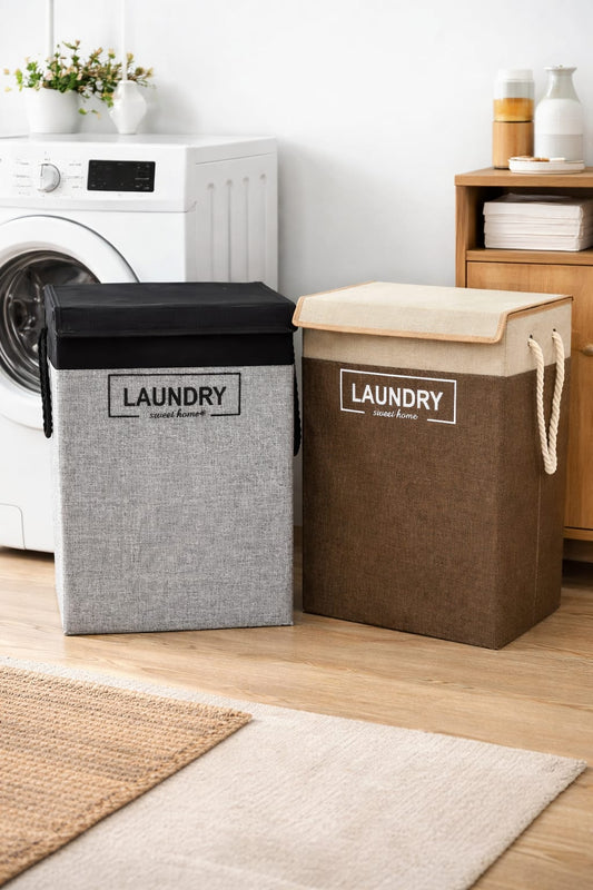 Foldable cotton linen laundry basket with lid and rope handles.