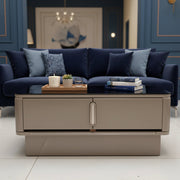 Coffee table with dark tempered glass top, rounded edges and integrated front storage drawers FCT 1280