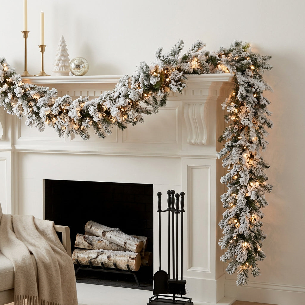 2.7m Fully Snow Flocked Christmas Garland with 10m Lights
