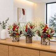 35cm Decorated Snow-Dusted Mini Christmas Tree Set of 2 with Red and Gold Ornaments and Rustic Wooden Bases available in Nairobi, Kenya