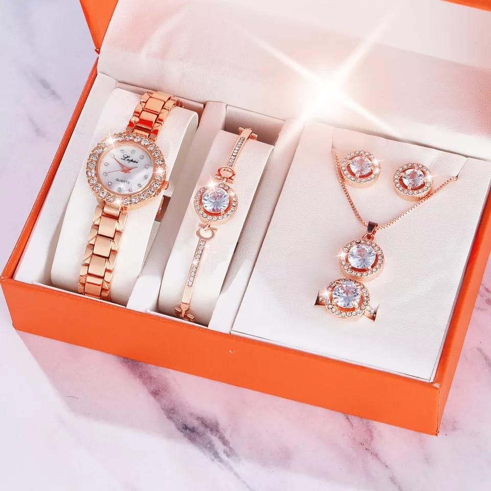 Diamond luxury jewelry set for ladies including watch, bracelet, earrings, necklace, and ring for party, business, or casual wear