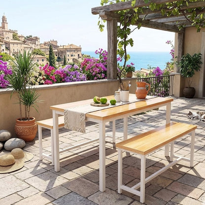 Diego 4-seater dining table set with two benches, MDF wood-grain tabletop, and metal frame.