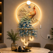 Modern LED peacock wall sculpture with remote control, featuring elegant ambient lighting for luxury home and office décor.