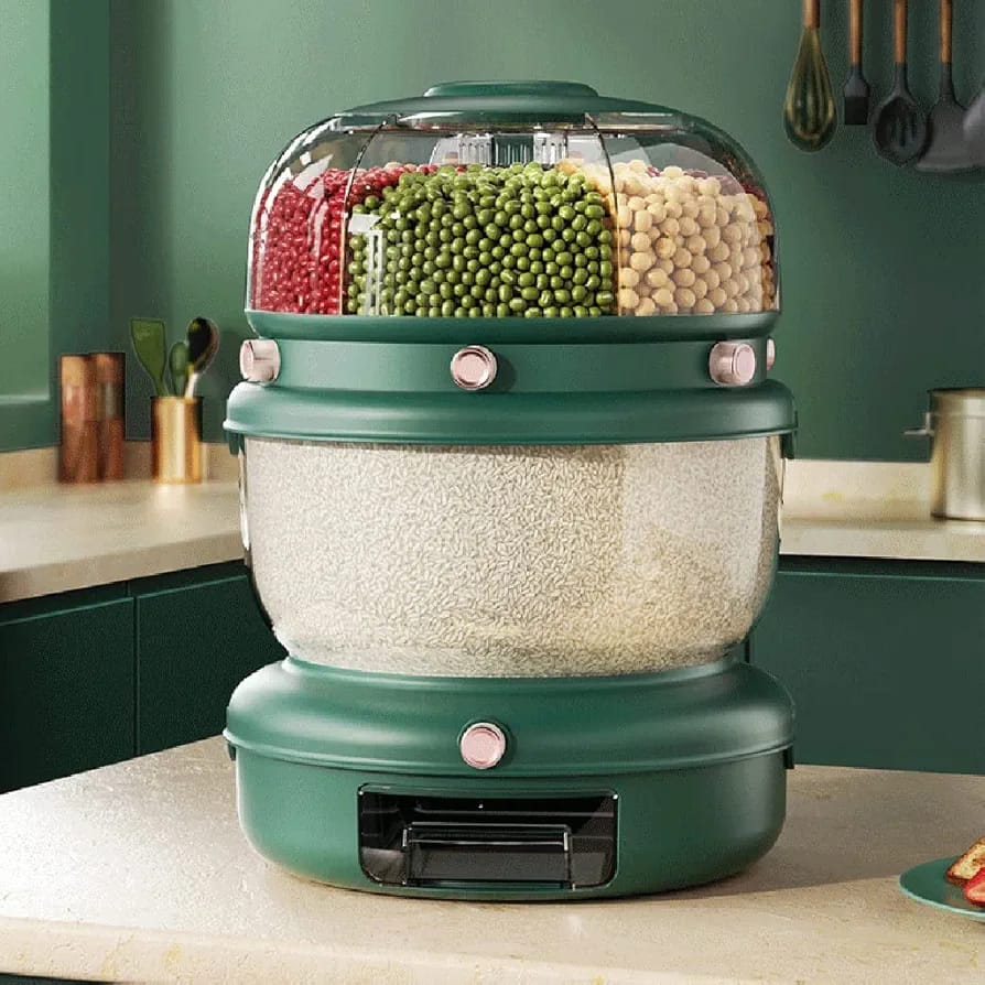 Double compartment rotating cereal dispenser with multi layer grain storage for organized kitchen use