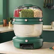 Double compartment rotating cereal dispenser with multi layer grain storage for organized kitchen use