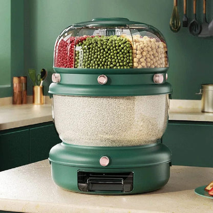 Double compartment rotating cereal dispenser with multi layer grain storage for organized kitchen use