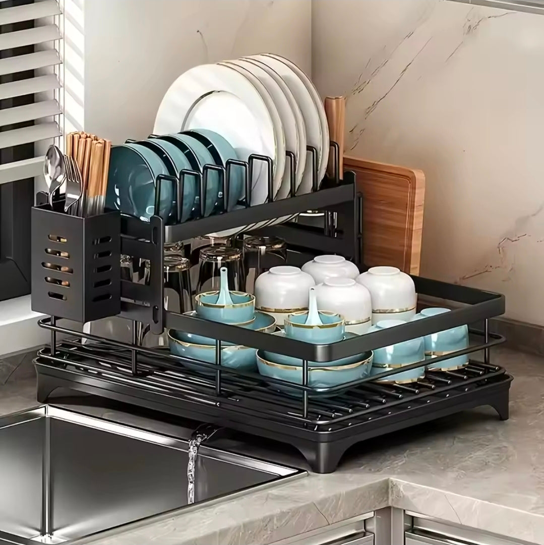2 Tier Dish Rack with Cutlery Holder & Chop Board Holder