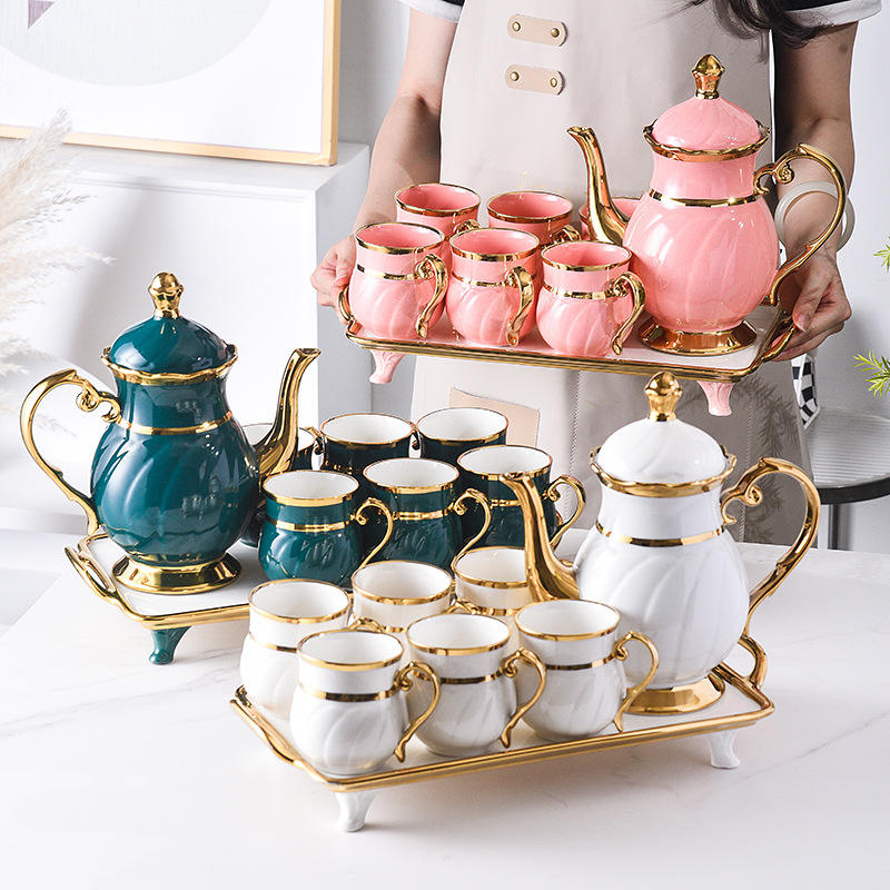 Ceramic Tea Set with Tray (6 Cups + 1 Teapot)
