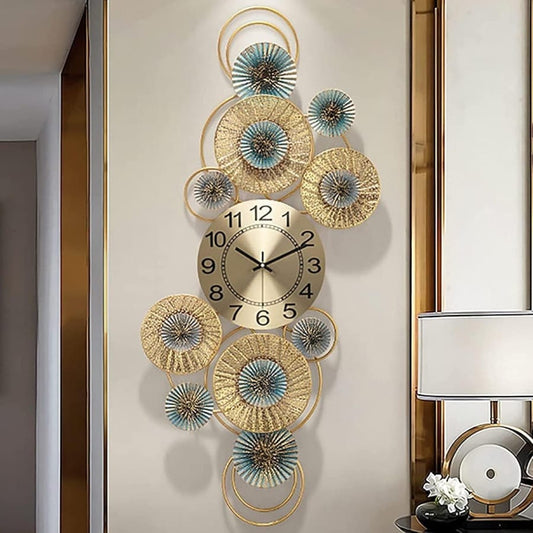Light blue and gold wall clock designed as an elegant decorative timepiece for modern home or office interiors. 