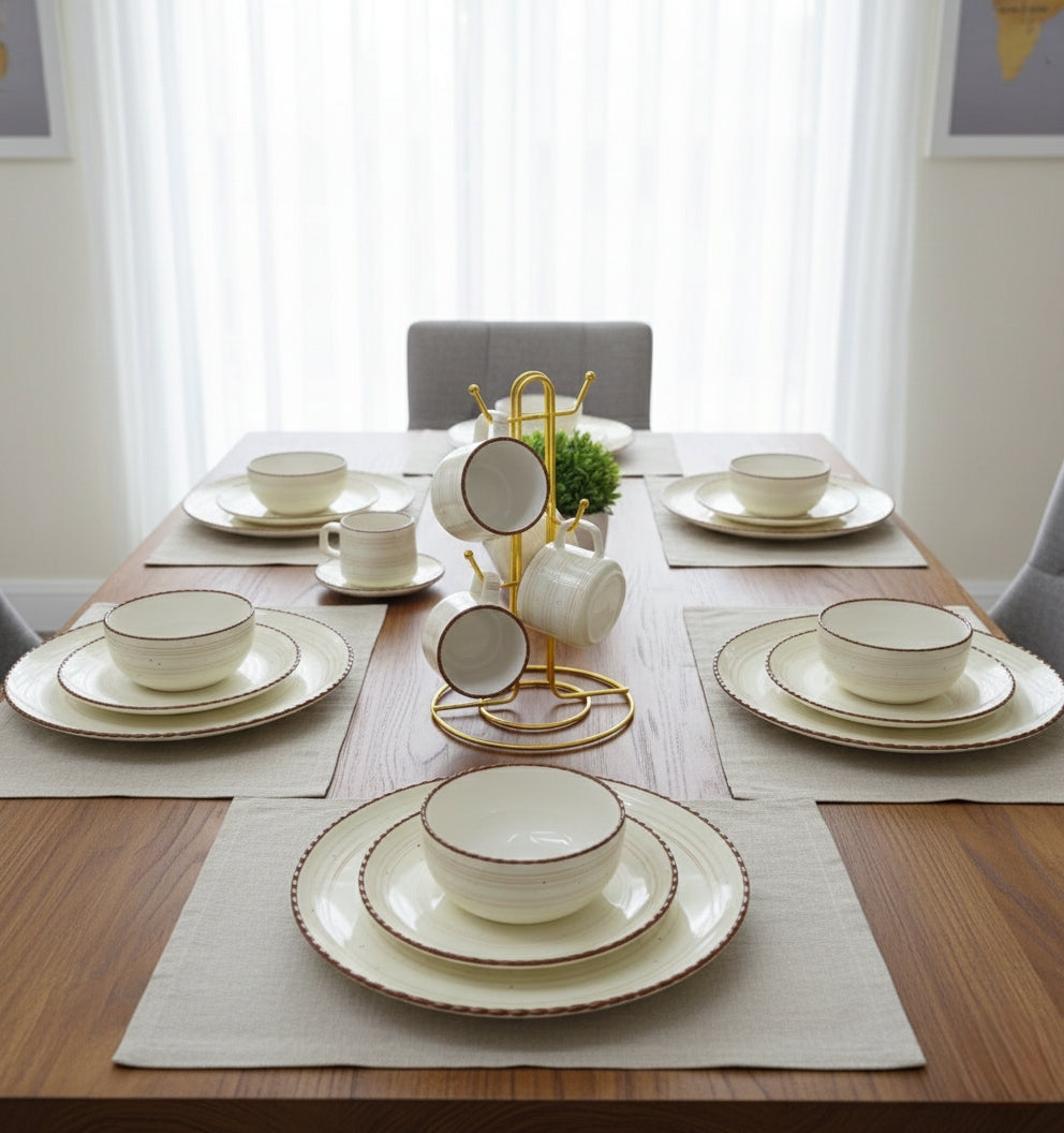 36-piece European porcelain dinner set with plates, bowls, mugs, and saucers