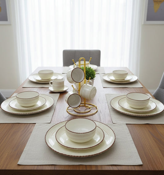36-piece European porcelain dinner set with plates, bowls, mugs, and saucers